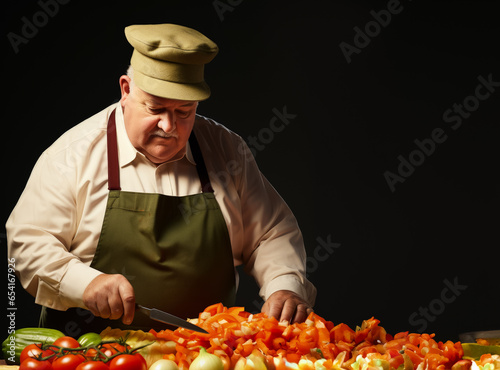 A tubby manager chopping fresh vegetables isolated on a gradient background  photo