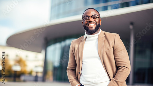 Portrait photography of a cheerful african american man wearing a chic cardigan against a modern architectural background.
