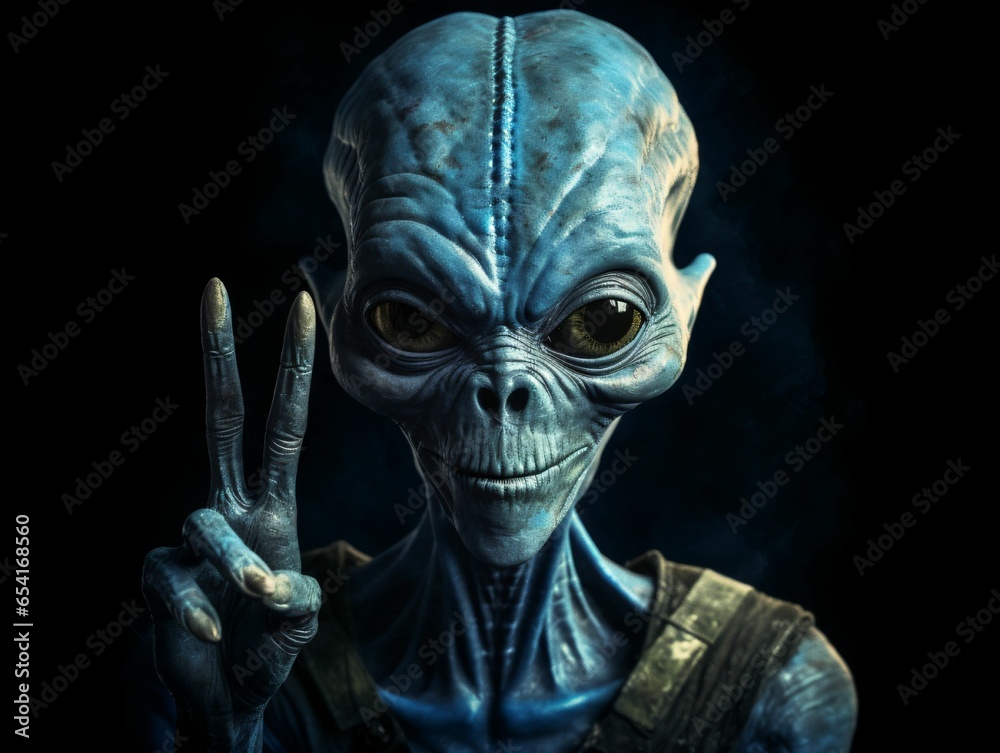 Alien Showing Peace Sign in Dark Background