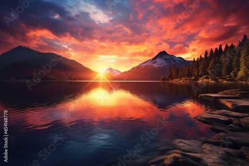 Scenic sunset over mountain lake. Generative AI