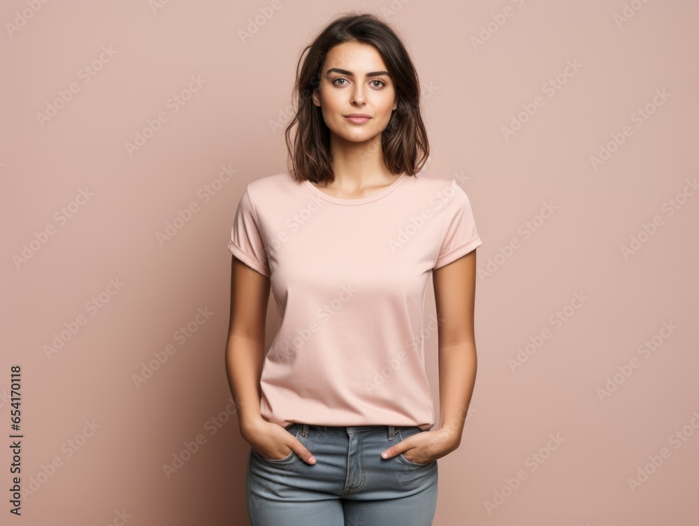 Beautiful and Attractive Fictional Female Model in Casual Clothes Posing on a Plain Neutral Background. Confident Person Portrait. Generative AI. Beautiful and Attractive Fictional Female Model in Casual Clothes Posing on a Plain Neutral Background. Confident Person Portrait. Generative AI.