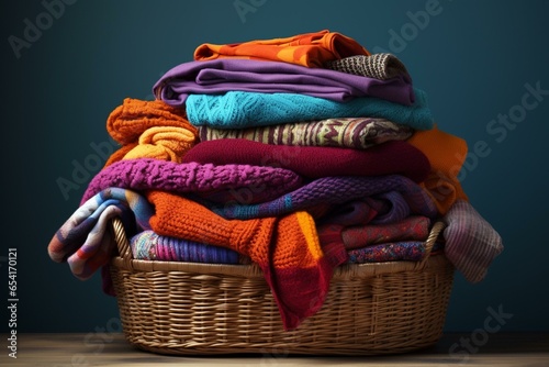 Vibrant basket of blankets near wall, stacked with more blankets. Generative AI