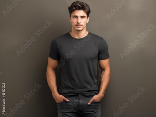 Handsome Fictional White Male Model in Casual Clothes Posing on a Plain Neutral Background. Attractuve Muscular and Confident Person Portrait. Generative AI.