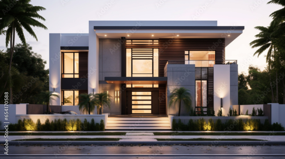 Design a contemporary two-story house exterior with a striking dark-colored main gate and light-colored wall paint. Incorporate a spacious balcony with concealed lighting for a modern and elegant look