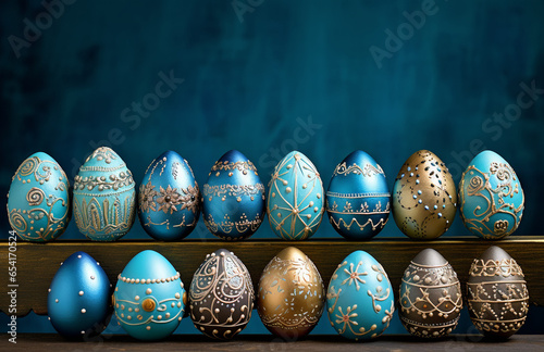 beautiful blue and gold with a pattern Easter eggs on a blue background on a wooden surface