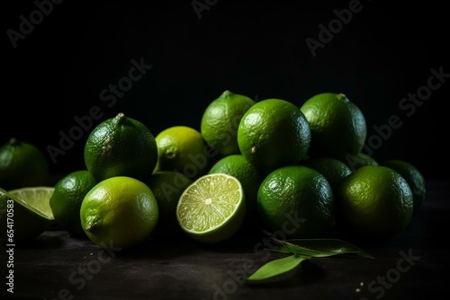 Organic lime on dark background, healthy diet. Generative AI
