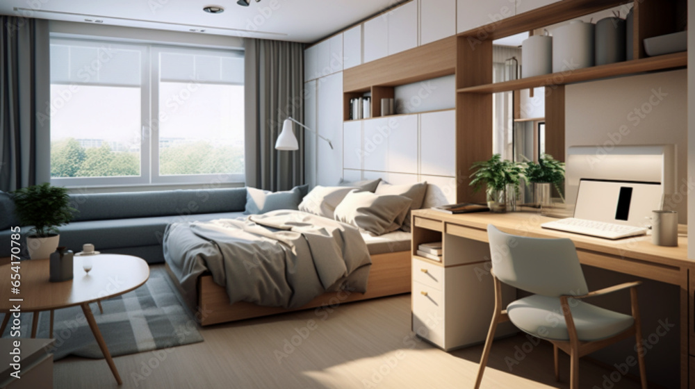 Design a functional and stylish interior for a small apartment that includes a single bed, a compact study table, a small attached bathroom, and a functional kitchenette. Maximize space utilization, c - obrazy, fototapety, plakaty 
