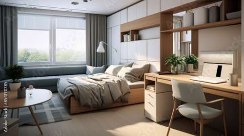 Design a functional and stylish interior for a small apartment that includes a single bed  a compact study table  a small attached bathroom  and a functional kitchenette. Maximize space utilization  c