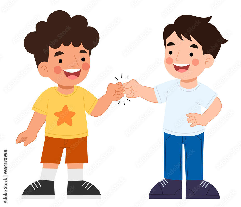 Illustration of boys meeting and giving high fives Illustration of boys meeting and giving high fives