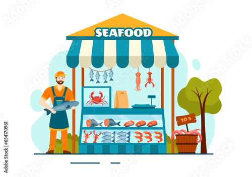 Seafood Market Stall Vector Illustration with Fresh Fish Products such as Octopus, Clams, Shrimp and Lobster in Flat Cartoon Background Design