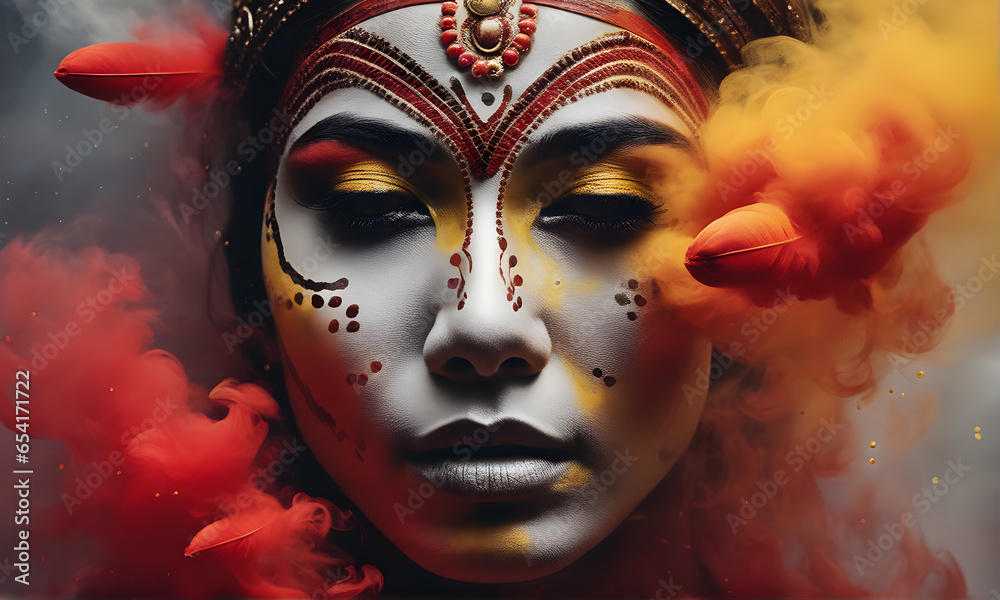 Fashion and beauty concept photography of woman living among smoke color textures