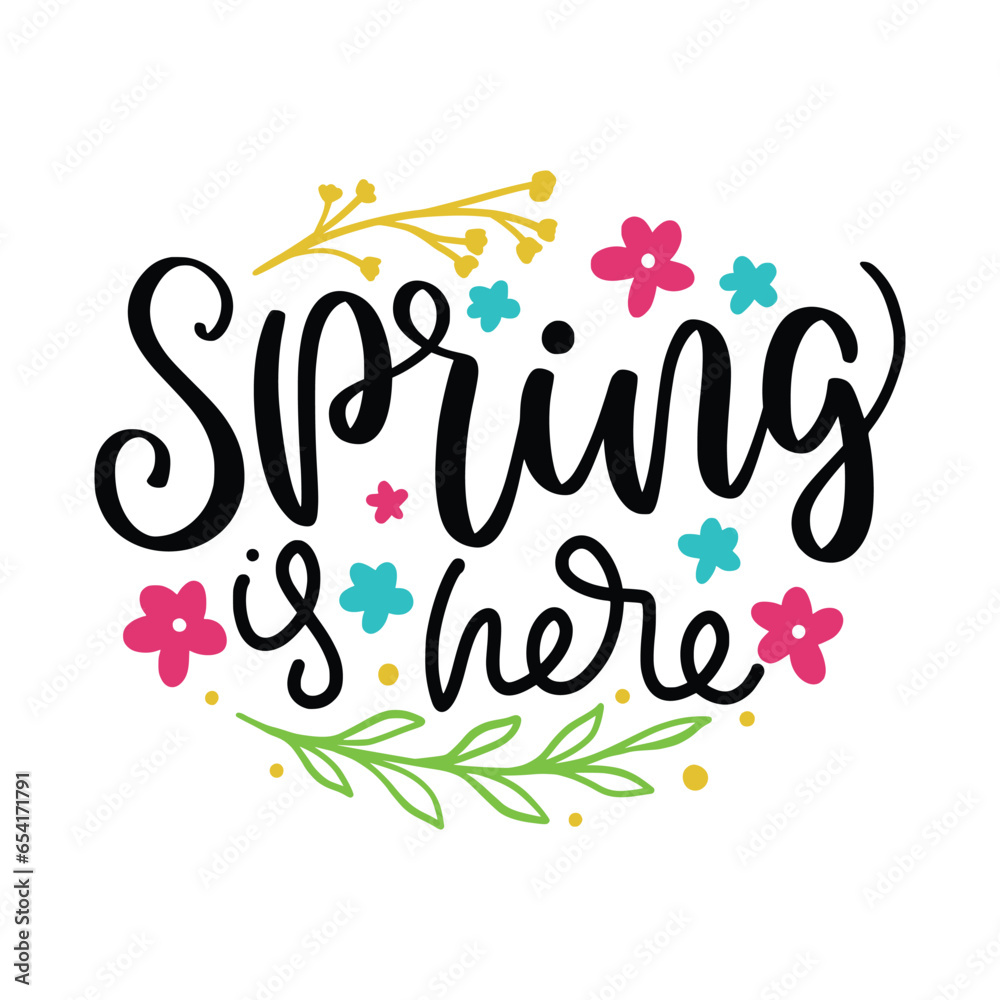 Hello Spring hand sketched logotype, badge typography icon. Lettering spring season with leaf for greeting card, invitation template. Retro, vintage lettering banner poster template