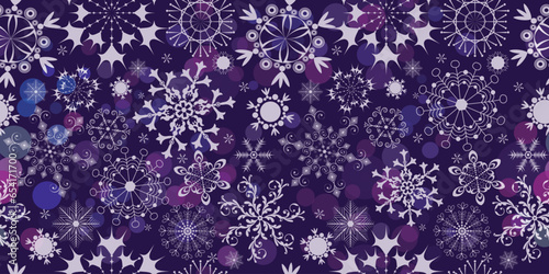 Vector violet seamless Christmas pattern with snowflakes and circles with bokeh