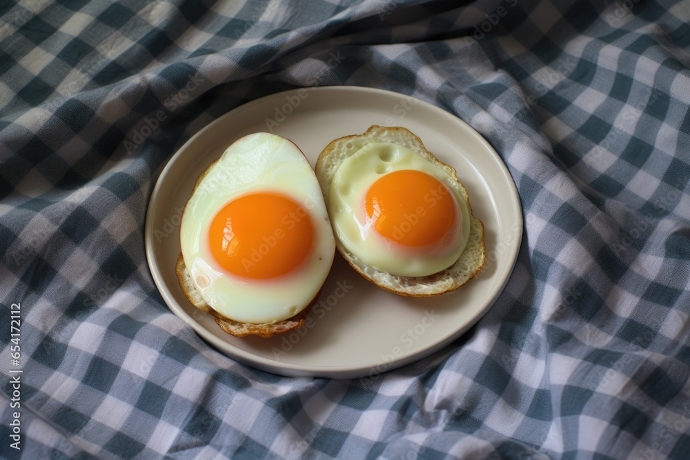 a pair of sunny-side-up eggs with bacon on a tray on a white bedspread a pair of sunny-side-up eggs with bacon on a tray on a white bedspread
