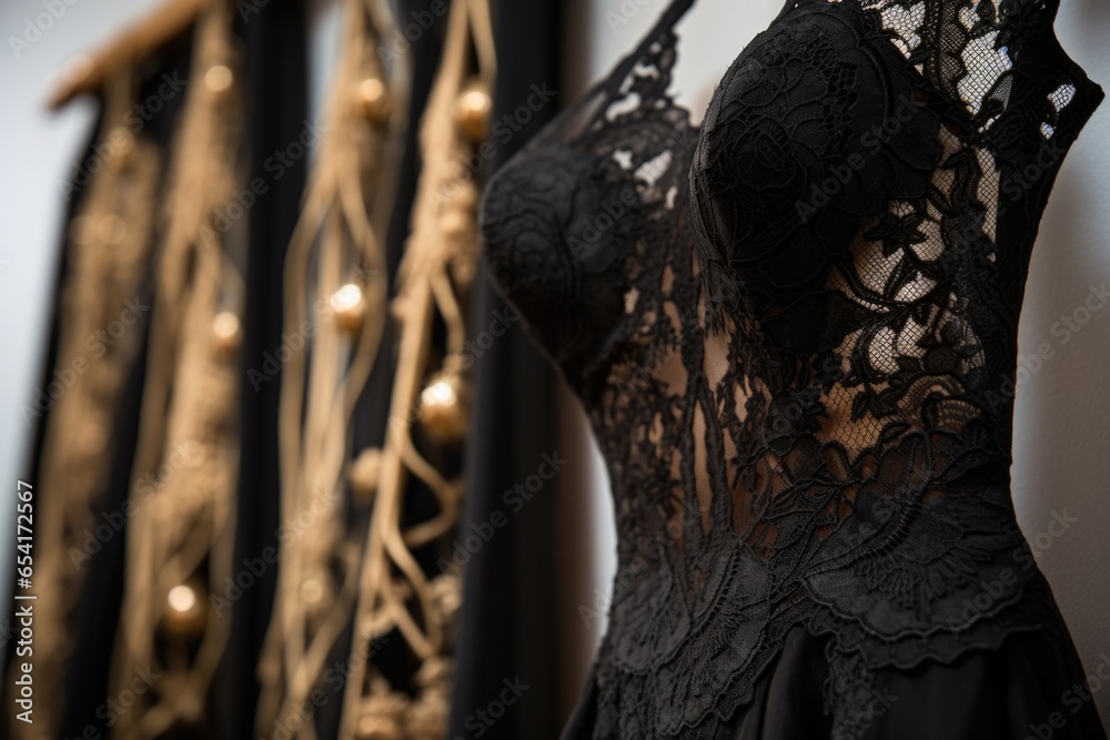 a detailed shot of lace on a black evening gown hanging on a rack
