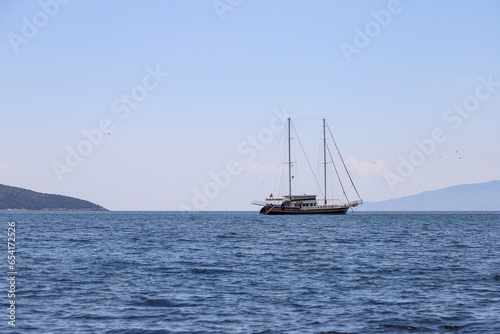 Yachts and tour boats in Bodrum Turkey, Beautiful and sunny Bodrum day, Beautiful sea and sky