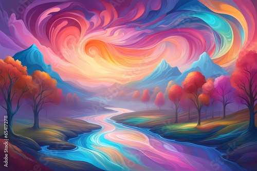 Dreamy landscape with tall mountains, river and valley.