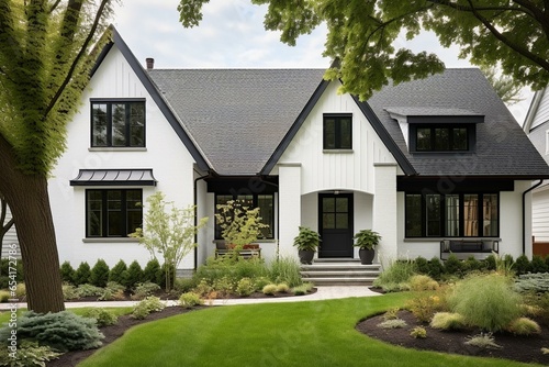New farmhouse, contemporary design, white exterior, dark shingled roof, black windows, Oak Park, IL, USA, August 17, 2020. Generative AI © Ulyssa