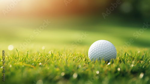 Golf white professional ball in the grass with morning water drops copy space banner during sunny weather summer spring season. Luxury elite sport