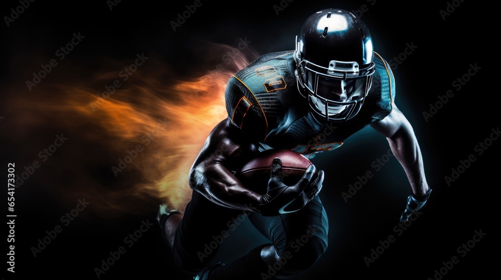 Dynamic image of a male American football player moving on a dark background with neon lights mixed in.