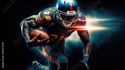 Dynamic image of a male American football player moving on a dark background with neon lights mixed in. © somchai20162516
