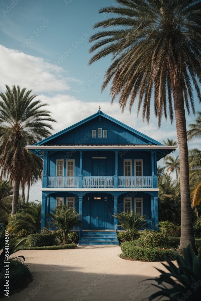 Blue House Outside on Landscape with Palm Trees, Clouds Sky, using Generative Ai