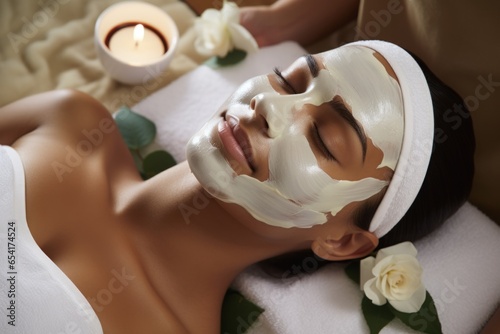 Beautiful brunette woman enjoying applying cosmetic mask with closed eyes. photo