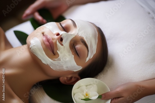 Beautiful brunette woman enjoying applying cosmetic mask with closed eyes.