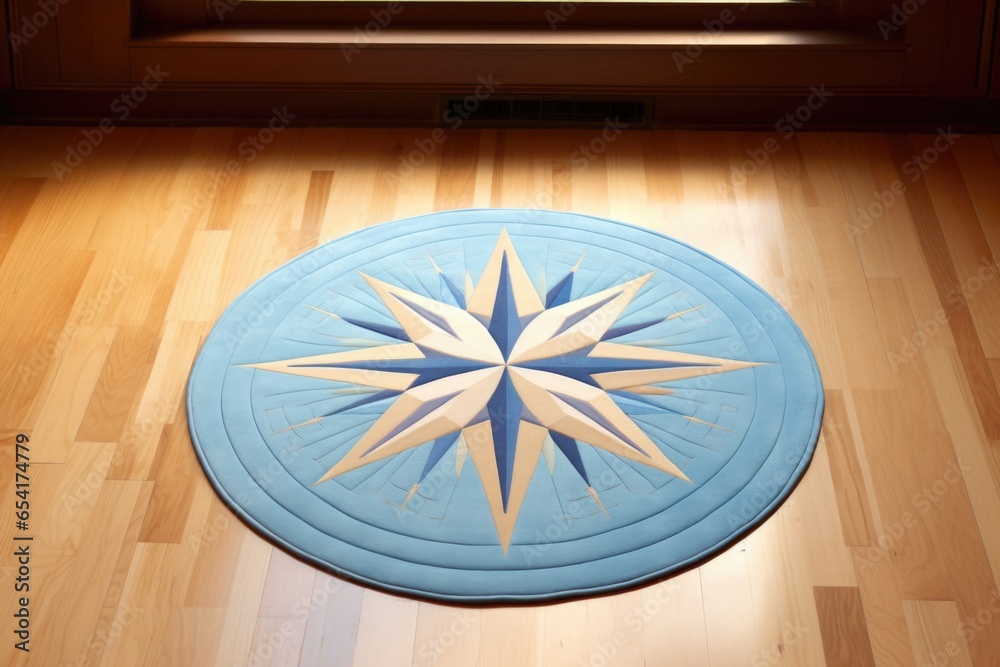 a blue rug with a compass design in the middle of a light-toned hardwood floor