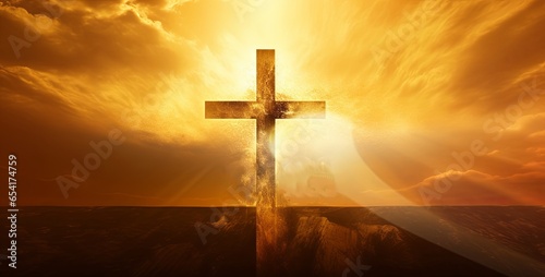 2023 new year gold sunrise sky, cross jesus hope background, golden wallpaper poster design, Generative AI