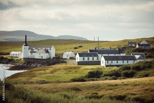 Island distillery on Islay, Scotland. Generative AI photo