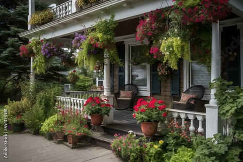 Traditional home with expansive veranda  hanging seat  and vibrant plant containers. Generative AI