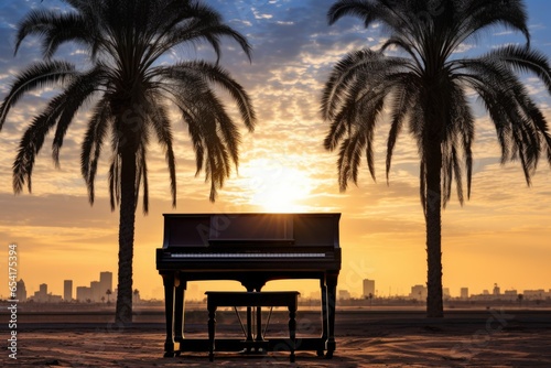 a piano under a palm tree, with the silhouette of a city skyline in the background