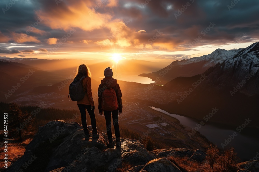 Tourists with backpacks on top of the mountain enjoying the sunrise. Two women in the mountains.