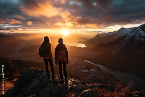 Tourists with backpacks on top of the mountain enjoying the sunrise. Two women in the mountains.