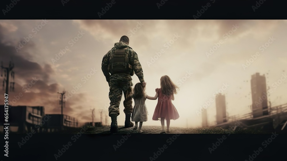 Fototapeta premium Soldier walking with little girls holding hands Back