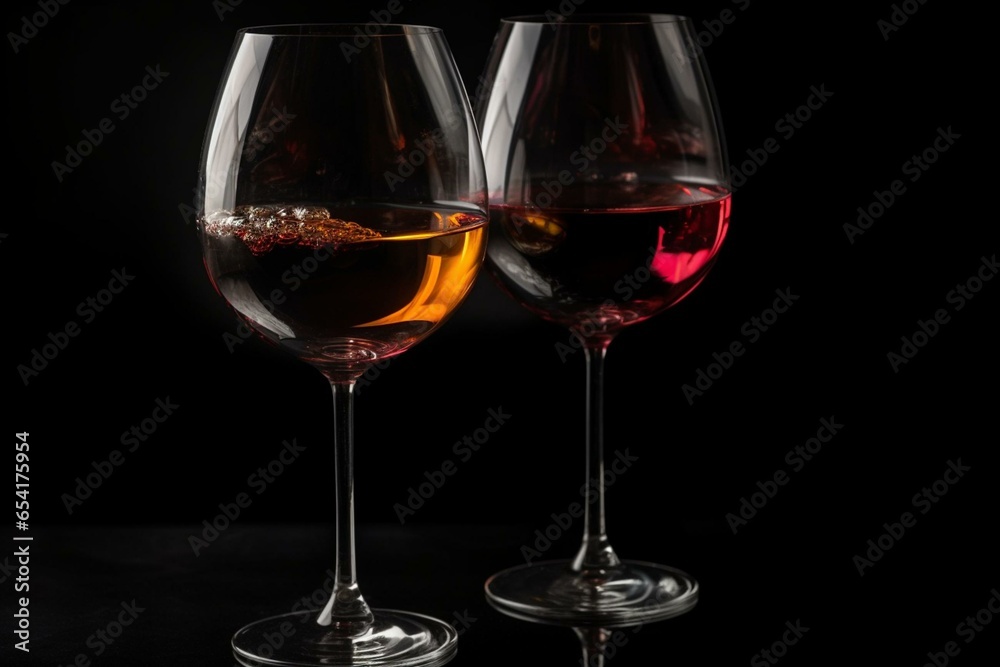 two wine glasses on dark background. Generative AI