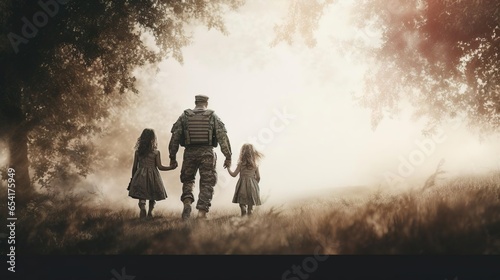 Soldier walking with little girls holding hands Back