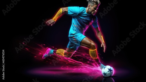 Dynamic image of a male soccer player moving on a dark background mixed with neon lights