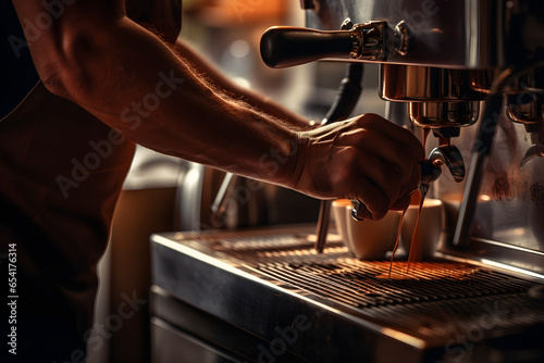 Close up von Barista an Kaffeemaschine, Kaffeevollautomat, erstellt mit generativer KI