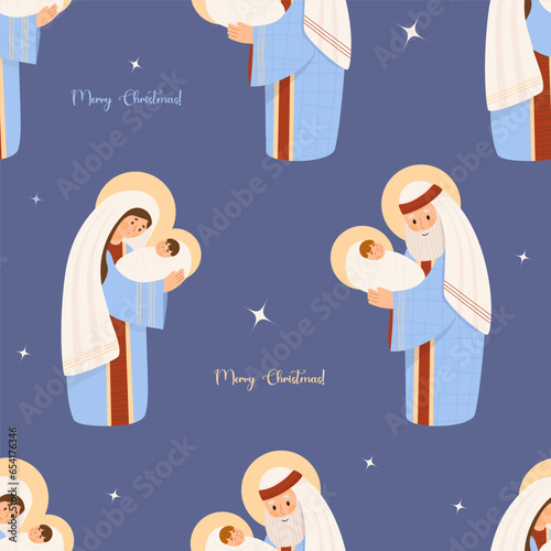 Merry Christmas seamless pattern. Holy family. Virgin Mary and Joseph with baby Jesus Christ on blue background. vector illustration for Xmas holiday design, wallpaper, decor, print, packaging.