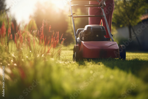 Woman in workwear cutting the grass with a lawnmower on a sunny day, enjoying the nature. AI Generative.