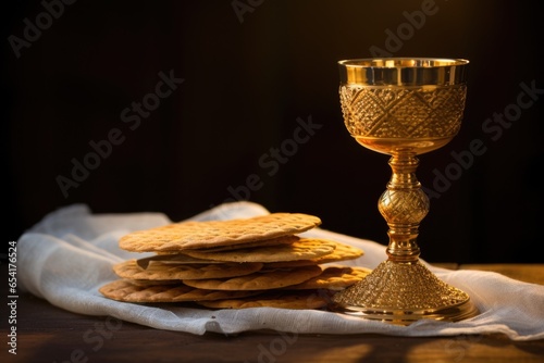 a close shot of a chalice and wafers prepared for communion