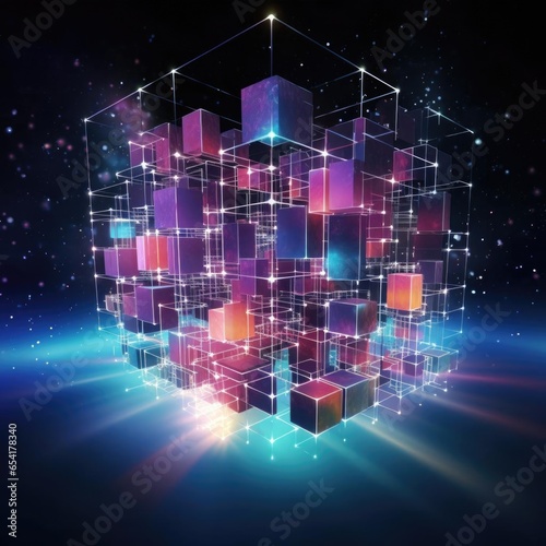 Futuristic metaverse and blockchain technology network concept with connected digital cubes blocks in glowing style on dark purple background. © mirexon