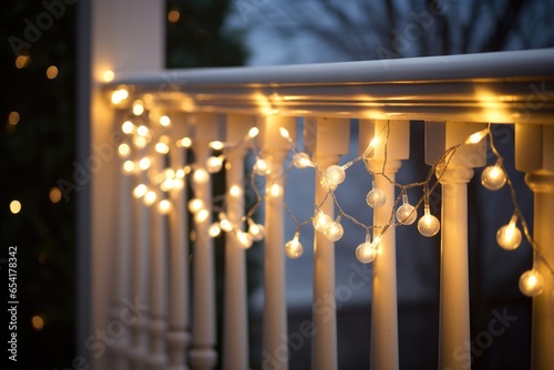 fairy lights wrapped tightly around christmas garland on a stair railing