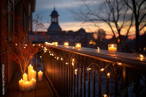 candles and twinkling lights on a balcony railing