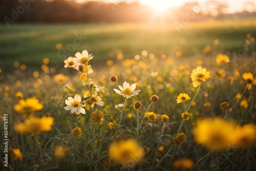 spring meadow with smal yellow and white flowers during late autumn sunset with a sunflares in the background. Generative AI. photo