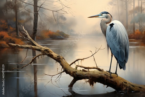 Heron perched on branch  fishing serenely. Generative AI