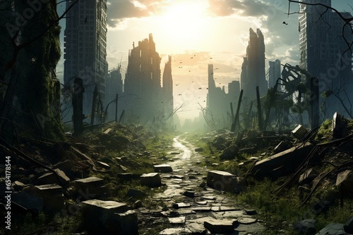 Sunny desolate road surrounded by destroyed tall buildings in the midst of a forest. Generative AI
