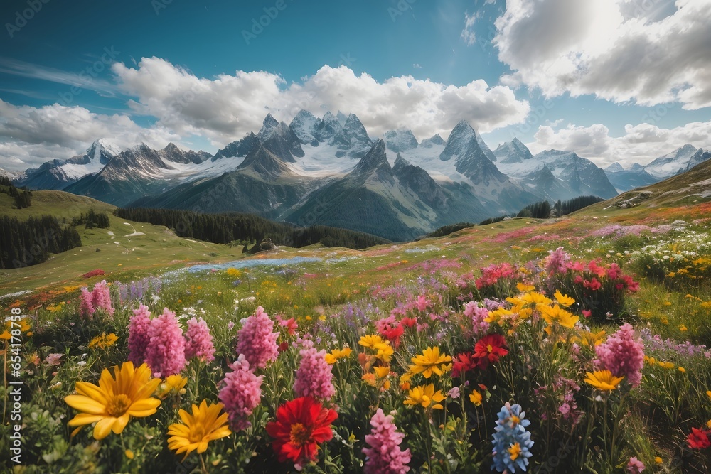 a magical landscape, an amazing blooming alpine meadow, bright multicolored flowers, a green mixed forest, a high mountain with a snowy peak in the background. Generative Ai.